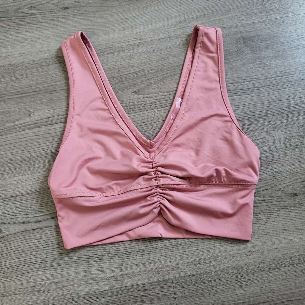 Free People Movement Pink Ruched V-Neck Crop Top Sports Bra Activewear Small